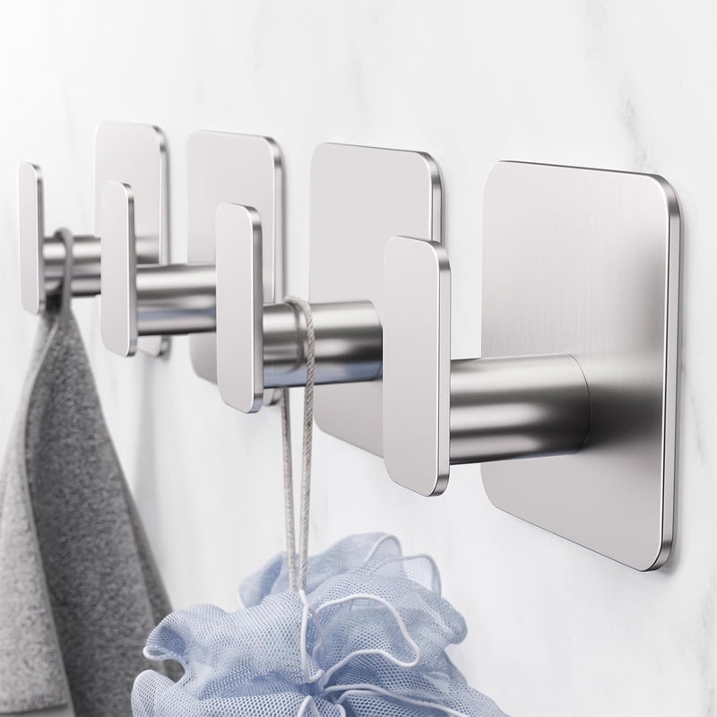 Aikzik Silver Hooks for Hanging Heavy Duty, Adhesive Hooks for Shower, Bathroom, Kitchen, Robe, Towel, Coat, Waterproof & Rustproof Hook for Walls No Damage, Sticky Wall Towel Hooks - 4 Pack - Image 5